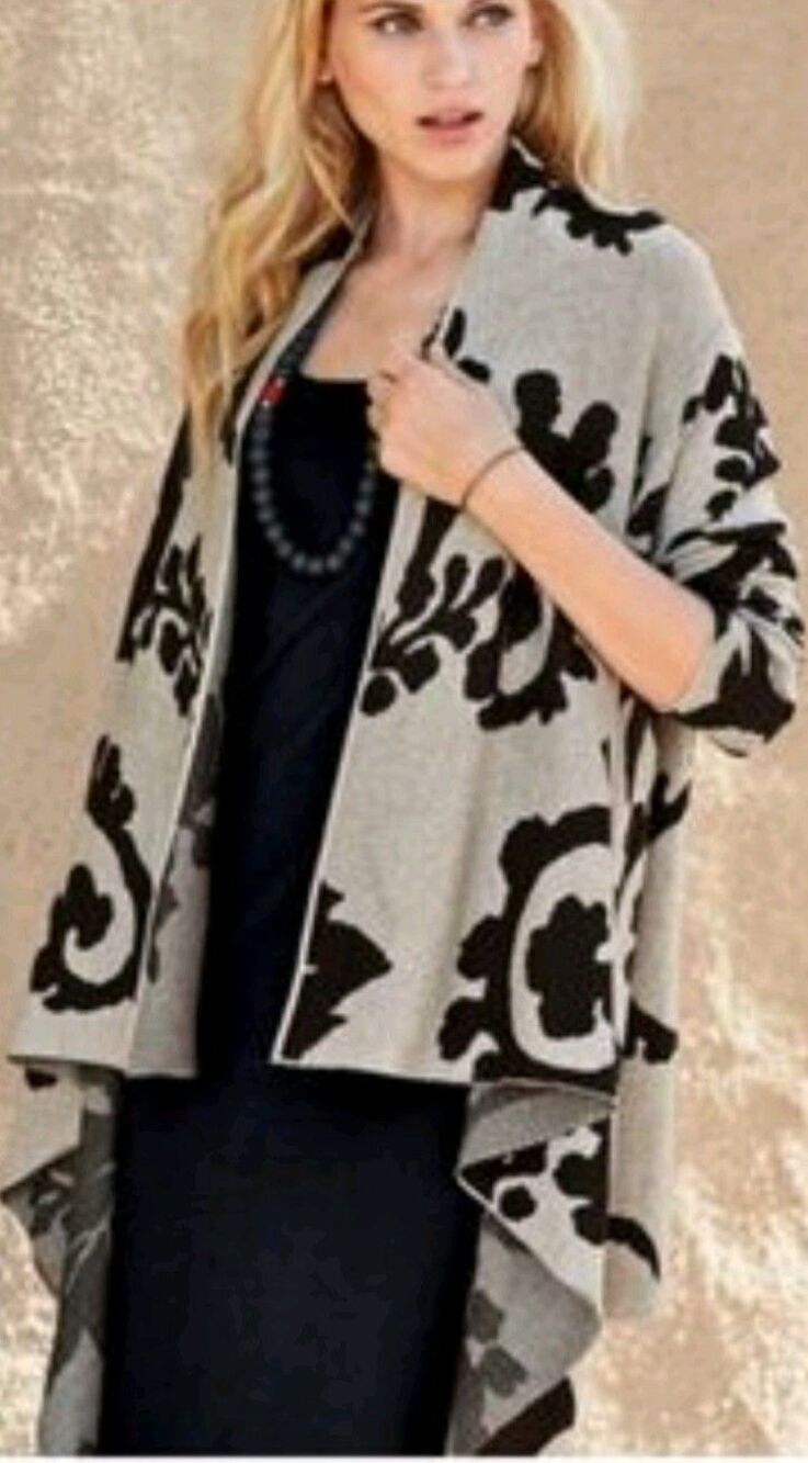 Peruvian Connection Kiri Pima Cotton Cascade Cardigan S Black White Floral G141